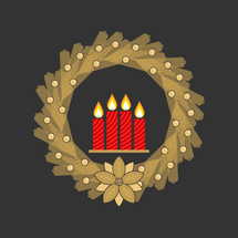 Christmas vector illustration. Four Advent candles lit in anticipation of the birth of Jesus Christ, framed by a spruce wreath.