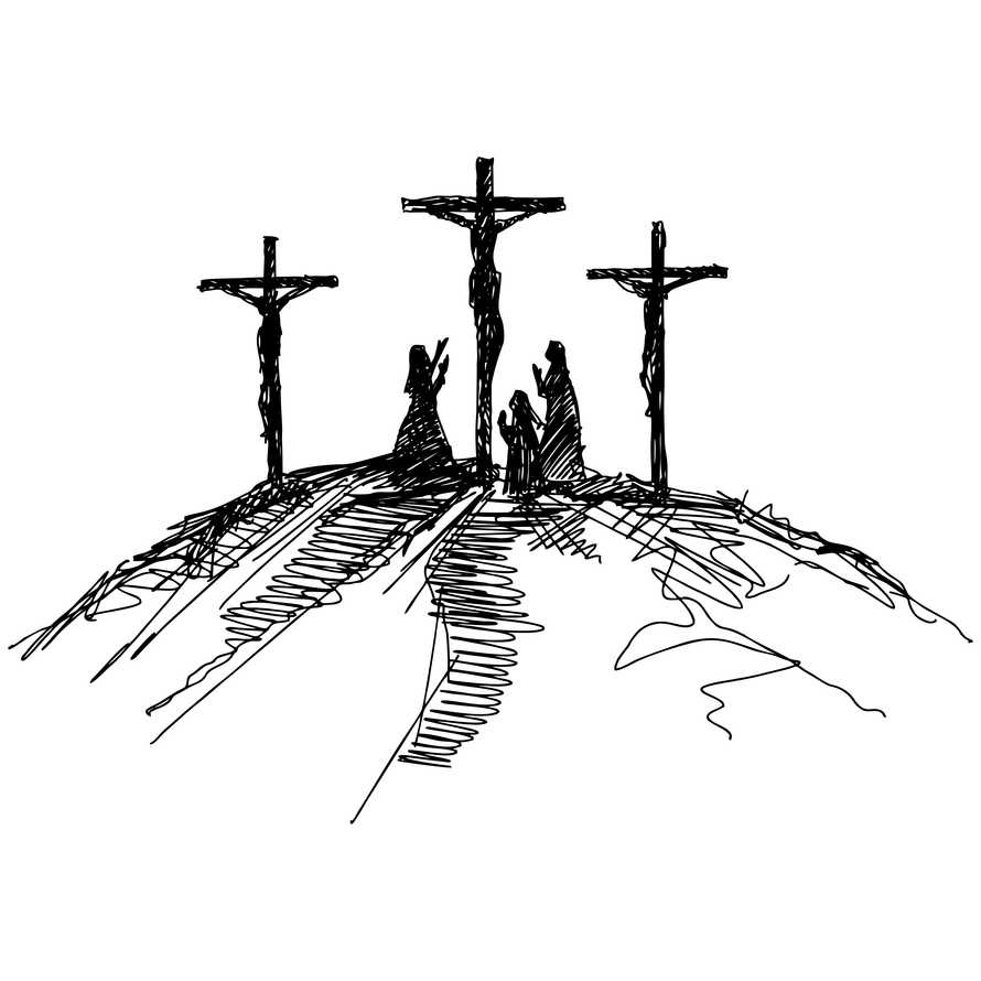 Hand-drawn vector illustration for Easter. Three crosses on top of Mount Calvary, near Jerusalem. People next to the cross of the crucified Jesus Christ.