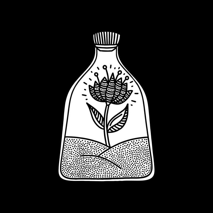 Doodle style illustration. A magic flower inside the bottle, hand-drawn