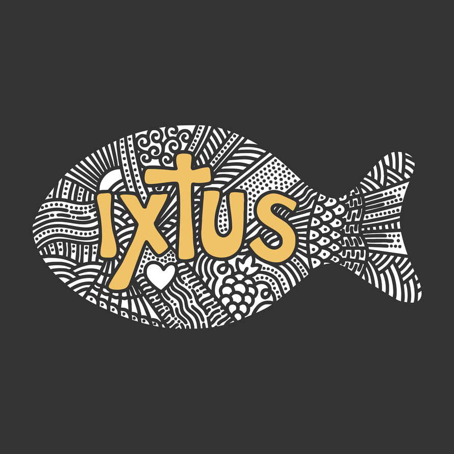 Christian illustration in a doodle style. Stylized word IXTUS - Jesus Christ, God's Son, Savior. The fish is an ancient Christian symbol.