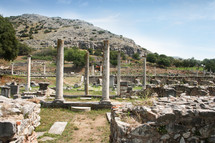Looking from Basilica B to Basilica A. Remains from historic Philippi that would have been visited by the Apostle Paul, Silas, Lydia and early Christians from Acts 16. These remains are near the Agora of Philippi.