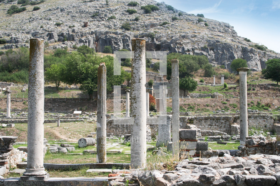 Looking from Basilica B to Basilica A. Remains from historic Philippi that would have been visited by the Apostle Paul, Silas, Lydia and early Christians from Acts 16. These remains are near the Agora of Philippi.