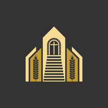 Christian illustration. The building of the church and ripe ears of wheat, steps of salvation leading to the cross.