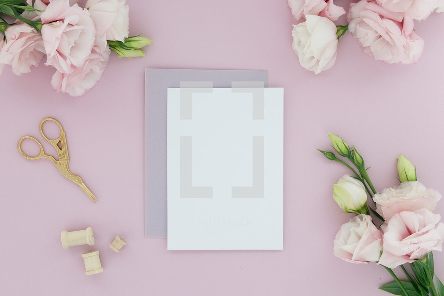 Blank notecards on a pink background surrounded by pink flowers.