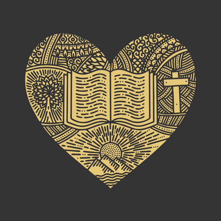 Vector doodle illustration. A hand-drawn heart, the Bible, the journey from creation to redemption.