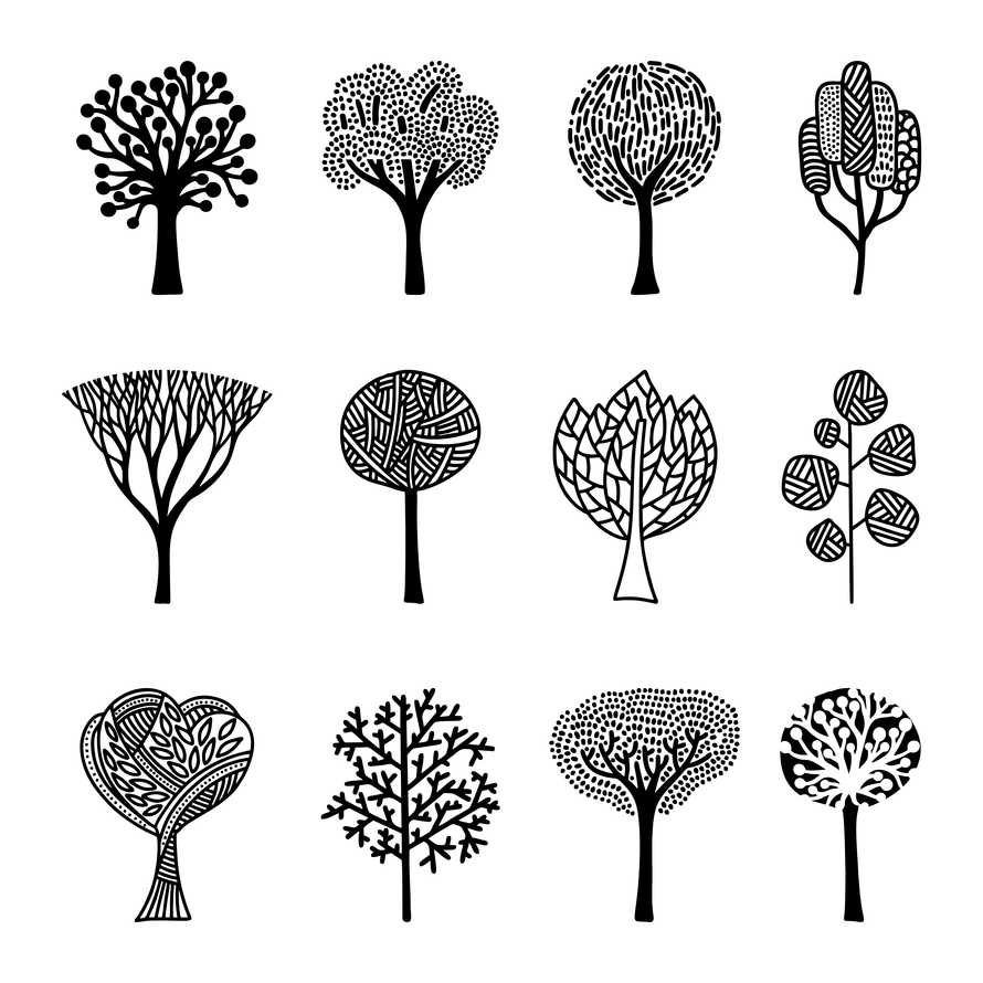 Vector illustration. Hand-drawn tree set.