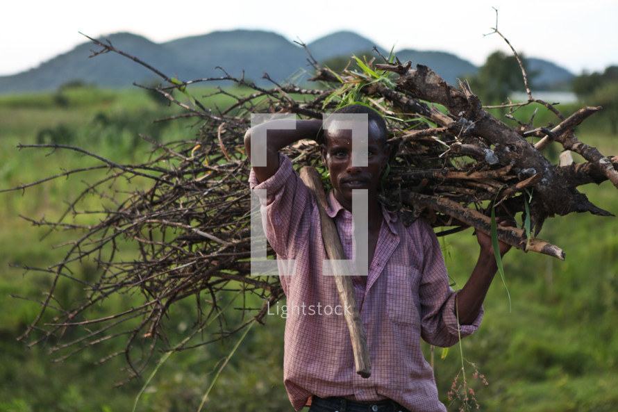 Man carrying branches over his shoulder