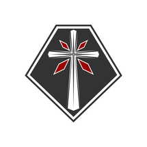 Christian illustration. Church logo. The cross of Jesus Christ on the background of the shield.
