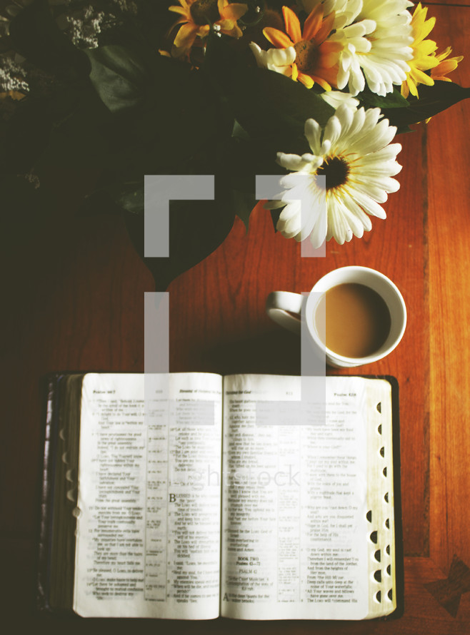 gerber daisies, coffee mug, and an open Bible 