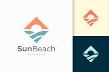 Ocean or Sea Logo in Abstract Water Wave and Sun Represent Adventure
