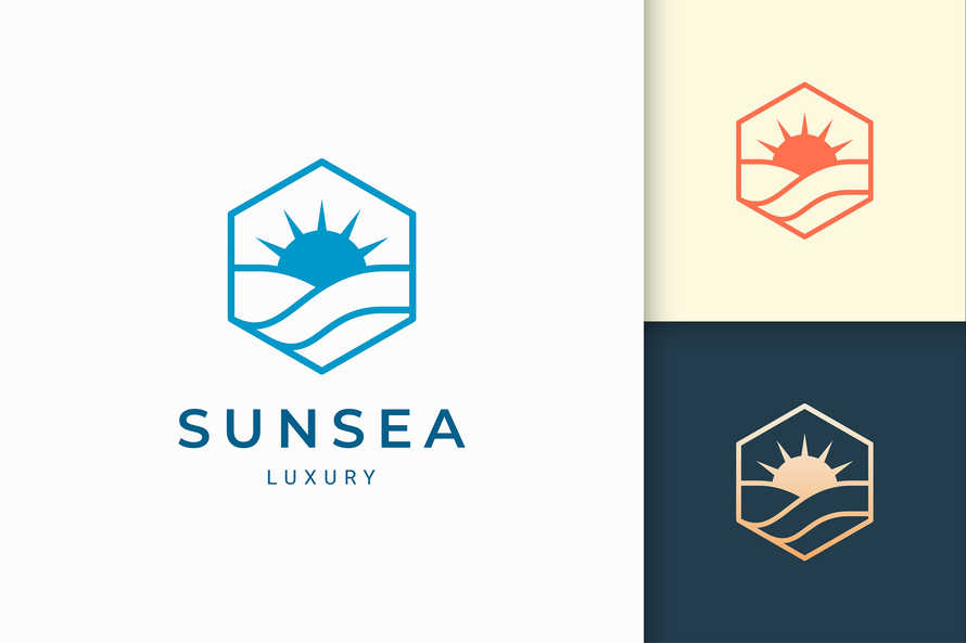 Sun and Sea Logo in Simple Hexagon Shape