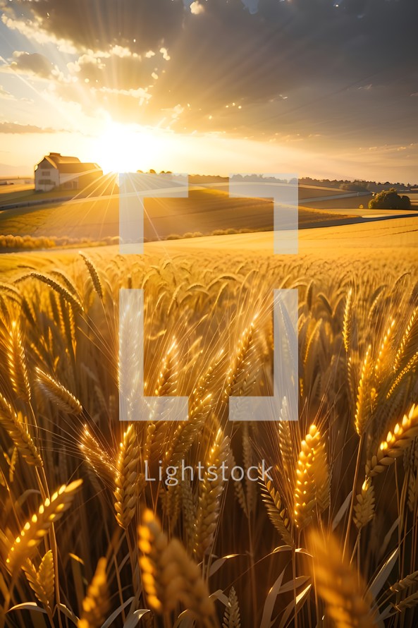 Ilustration of Wheat fields at golden-hour with bokeh