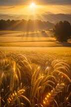 Ilustration of Wheat fields at golden-hour with bokeh