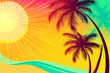 AI Generated Image. Summer vacation banner with beach and palms at sunset. Summer vacation concept