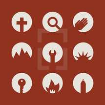cross, magnifying glass, hand, helping hand, modern, church camp, icons, pencil, key, camp, mountain, wrench, sun, sunrise, campfire, flame