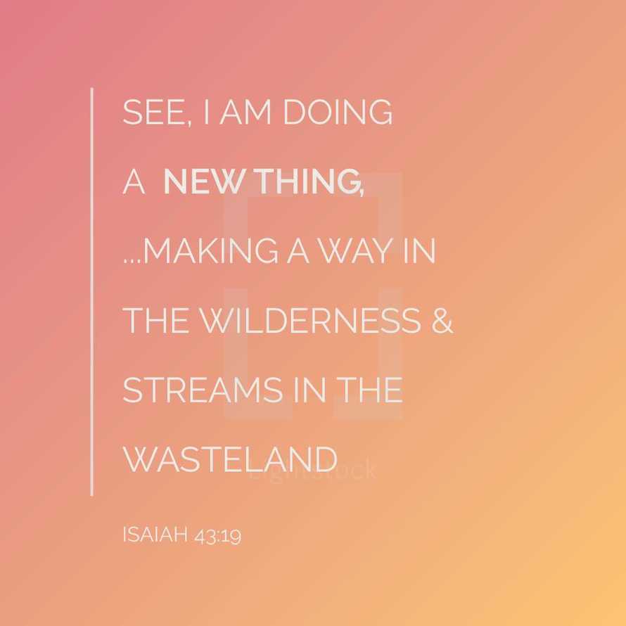 See, I am doing a new thing, I am making a way in the wilderness and streams in the wasteland, Isaiah 43:19,