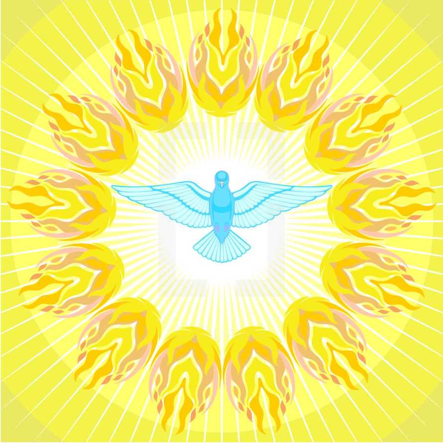 Dove of Holy Spirit surrounded by flames and rays of light