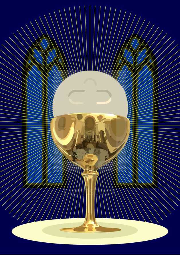 Chalice with the Host-The Holy Eucharist with the aureole, in a dark blue chapel