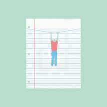 a man hanging on lined paper 