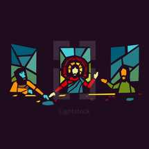The Last Supper depicted through modern stained glass.