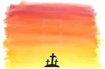 Vector watercolor background of 3 crosses against a colorful sky.