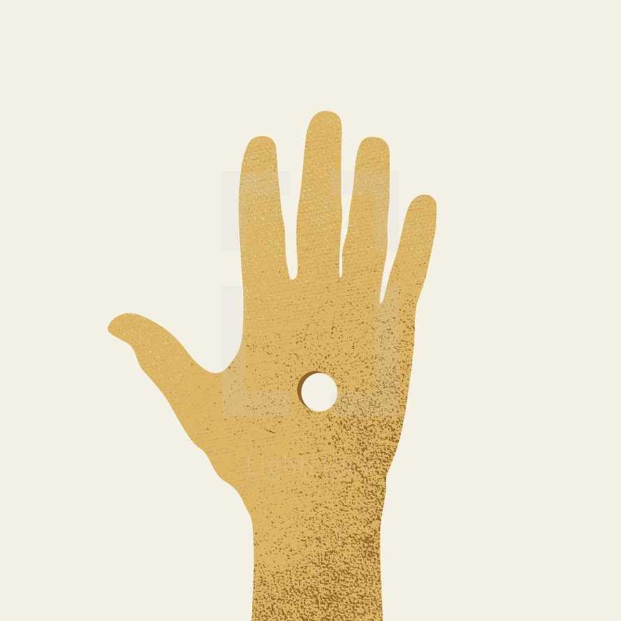 Nail-pierced hand illustration.
