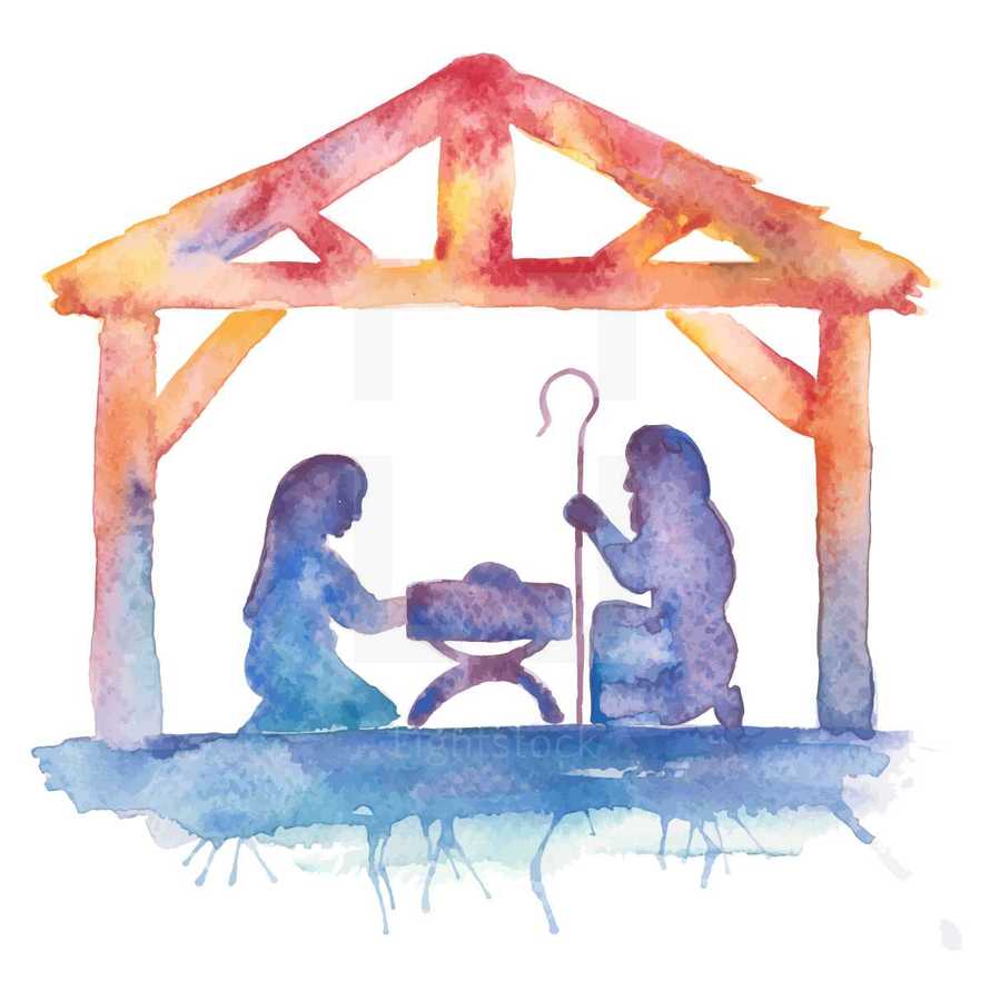 Water color Nativity illustration with Mary, Joseph, baby Jesus, manger.