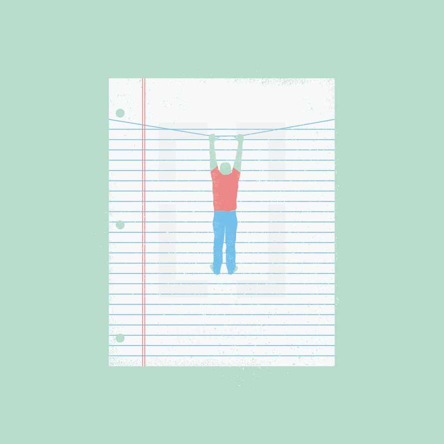 a man hanging on lined paper 