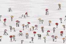 tiny people walking in the rain 