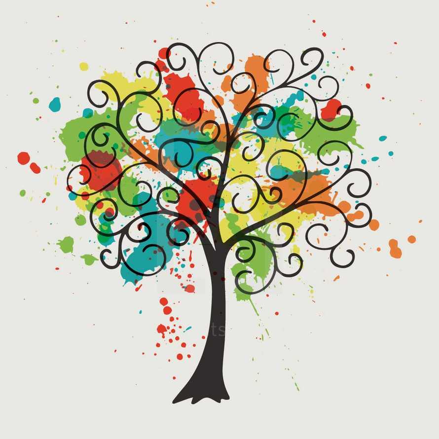 swirly tree with colorful paint splatter.