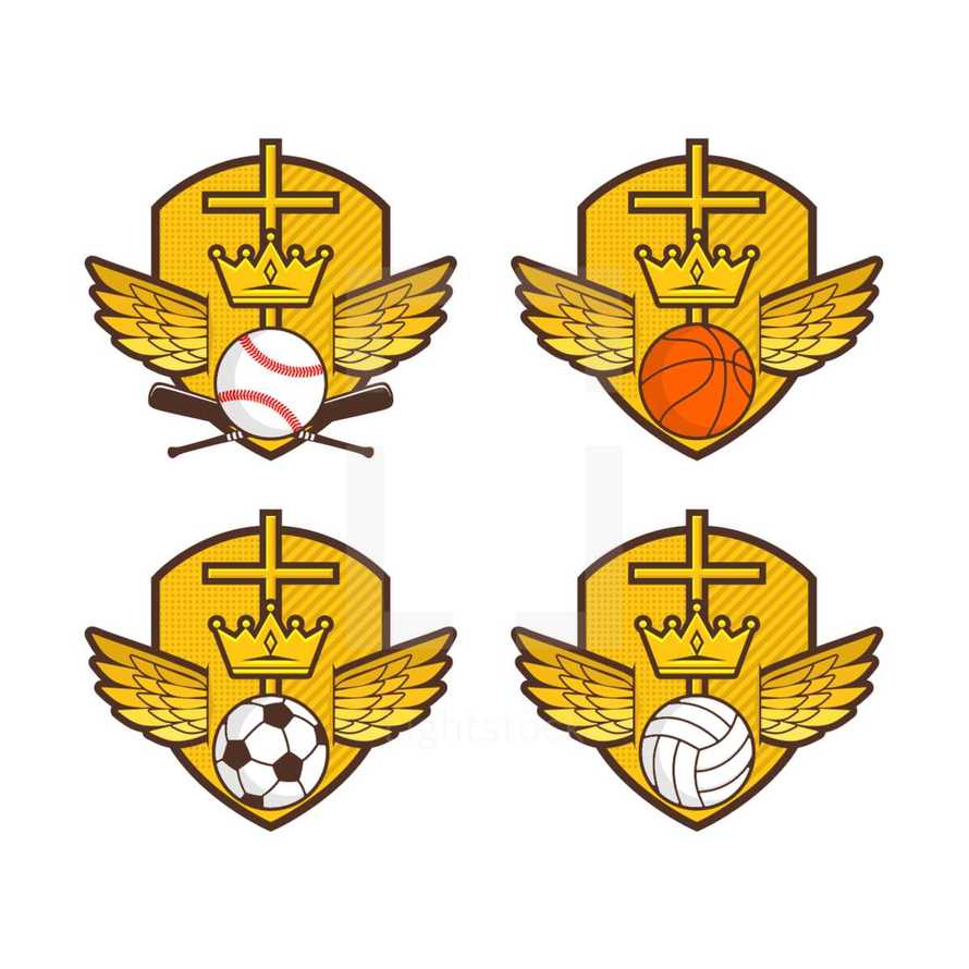 sports shield with cross, crown, and balls 