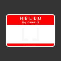 Hello My name is rounded rectangular badge. Red blank name tag sticker HELLO My Name Is isolated on gray background. The design graphic element is saved as a vector illustration in the EPS file format.
