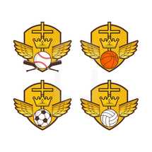 sports shield with cross, crown, and balls 