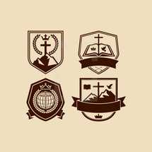 crown, badge, shield, cross, mountain, peak, banner, globe, missions, wheat, crown, crown of thorns, arrows, dove, Bible