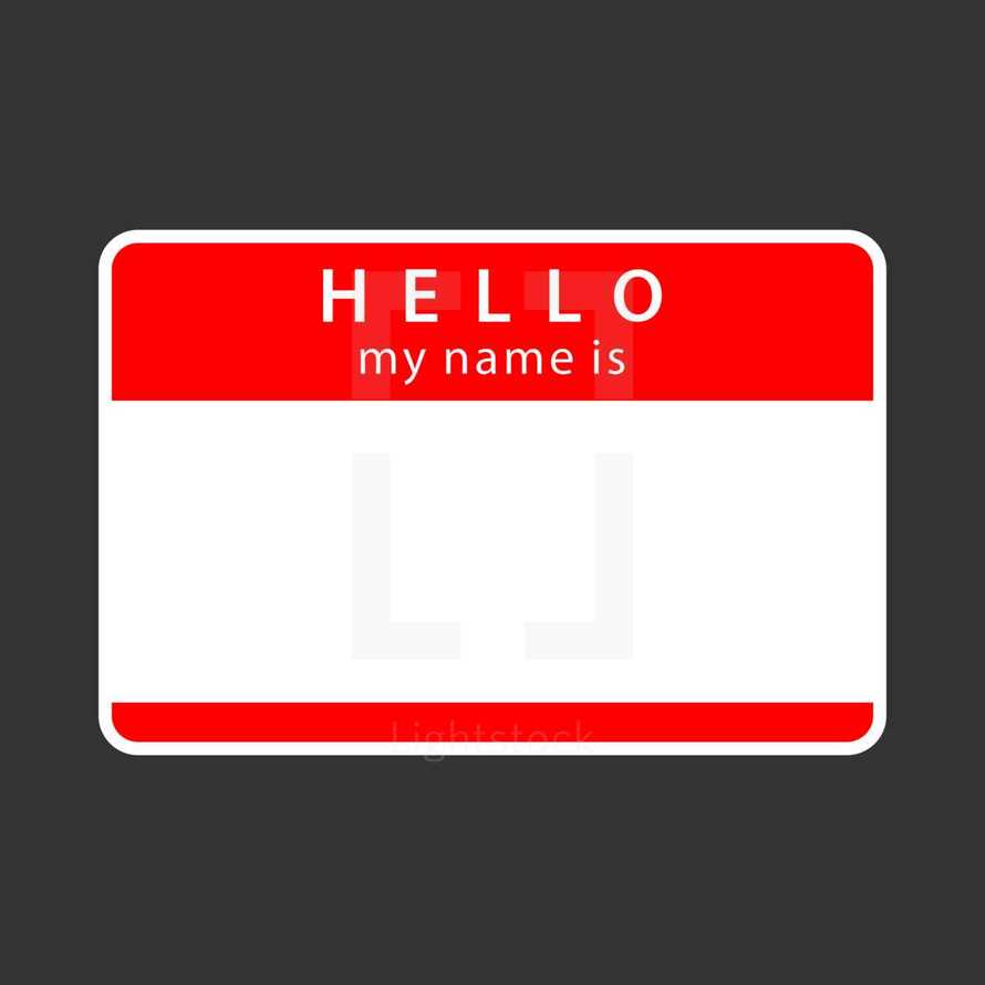 Hello My name is rounded rectangular badge. Red blank name tag sticker HELLO My Name Is isolated on gray background. The design graphic element is saved as a vector illustration in the EPS file format.