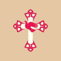 red and white cross with dove 