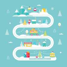 Christmas and Winter Holidays Road Map. Lights, City, Market, Mountain Cable Cars and Santa