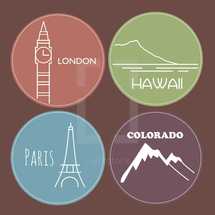 London, Hawaii, Paris, Colorado, travel, stickers, badges