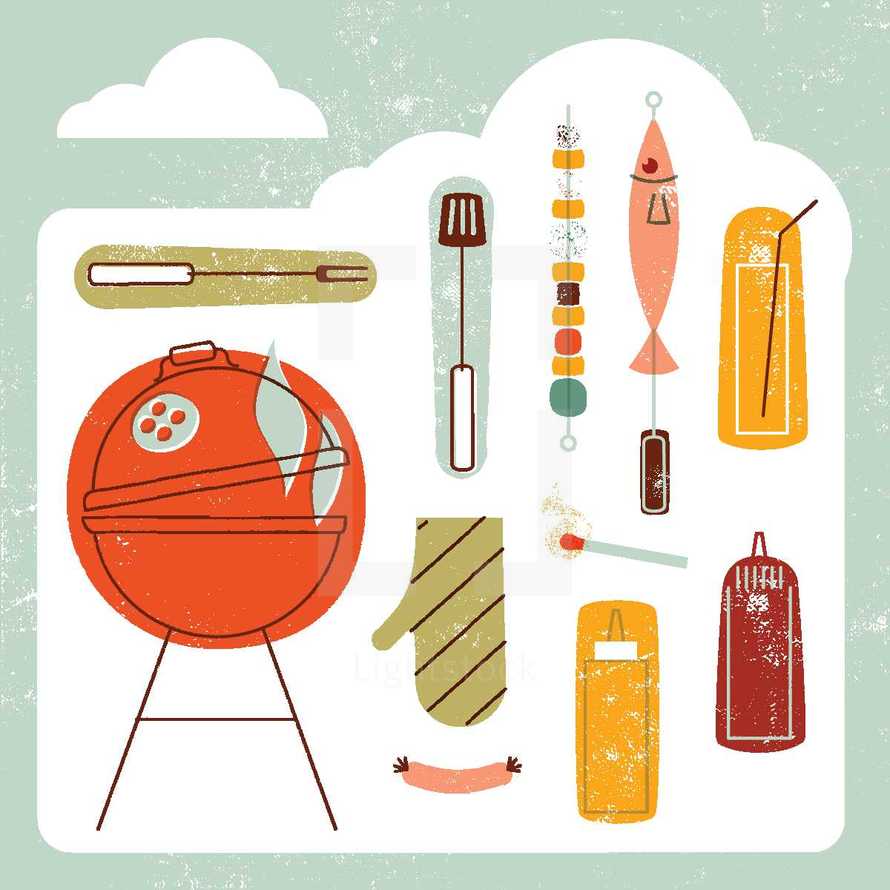grilling, grill, ketchup, mustard, sausage link, oven mit, match, fish, kabob, drink, cookout, summer 