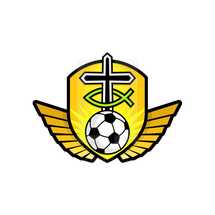 soccer ball and cross on a shield with wings 