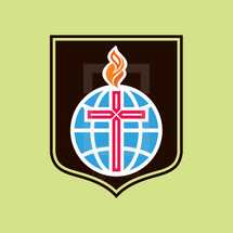 flame, shield, cross, globe, icon, symbol, missions 