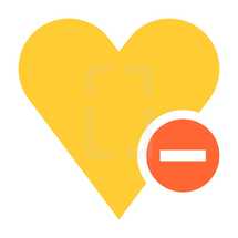 Yellow heart icon favorite sign liked button with red minus pictogram created in trendy flat style. Quick and easy recolorable shape isolated from the white background. The design graphic element saved as a vector illustration in the EPS file format for used in your design projects. 