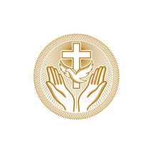 Church logo. Christian symbols. The symbol of the Holy Spirit is the dove, the cross of Jesus Christ, and the praying hands below.