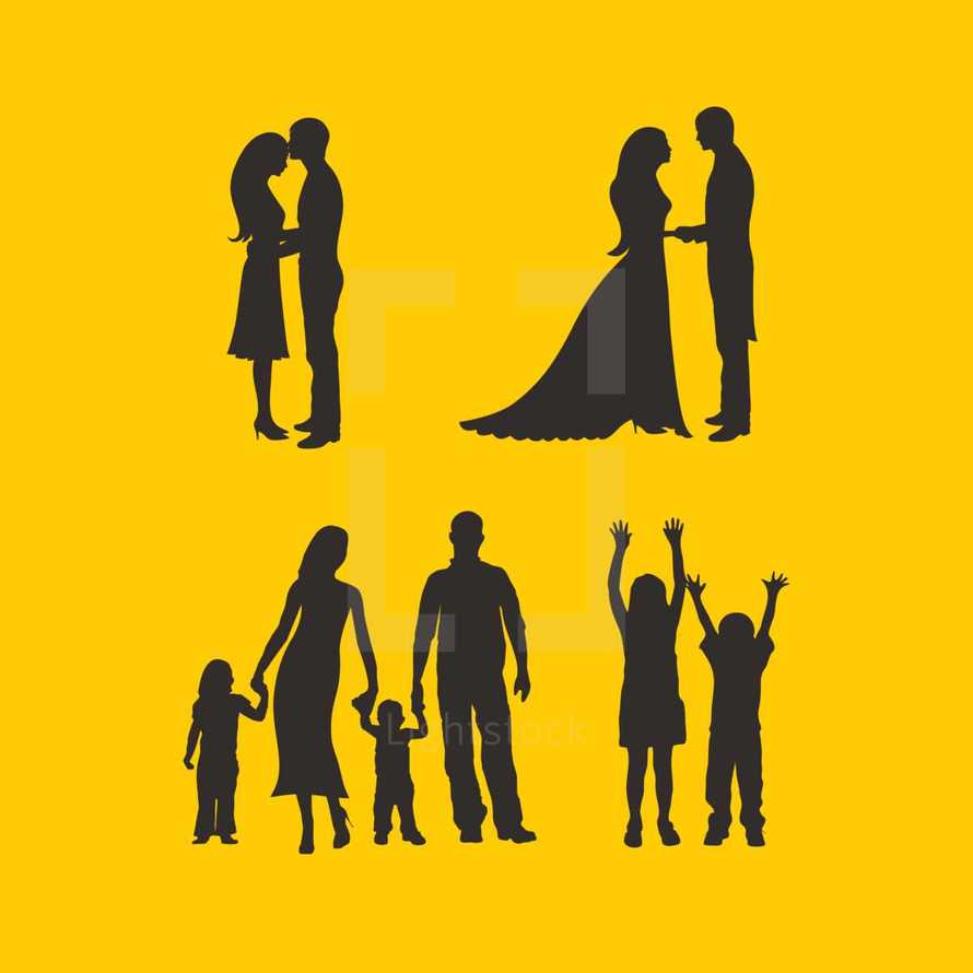 couples, bride, groom, man, woman, family, silhouettes, mother, father, daughter, son, raised hands, boy, girl, love, parenting, romance, icons