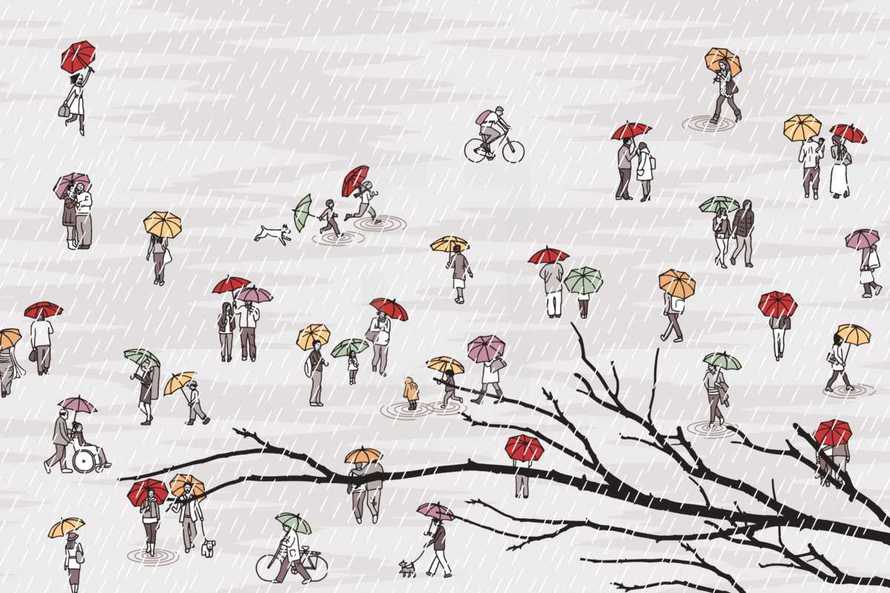 tiny people walking with umbrellas 