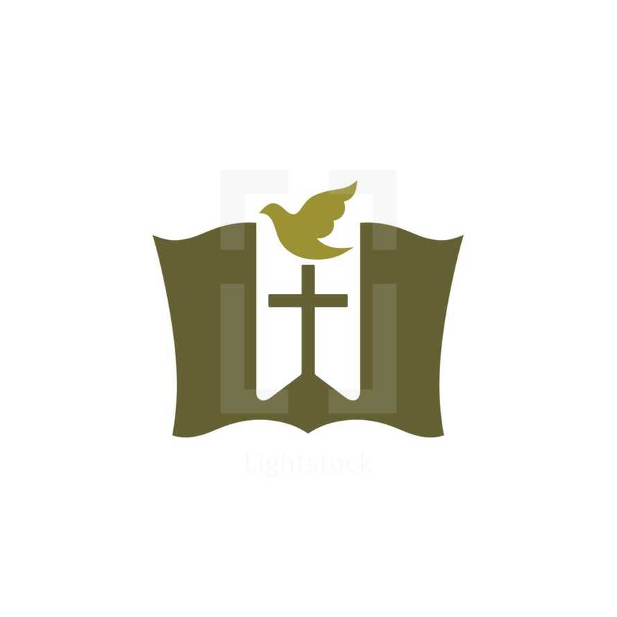 dove, Bible, and cross logo 