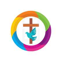 cross, dove, and colorful circle logo 