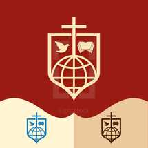 shield, dove, globe, world, missions, church, logo, icon