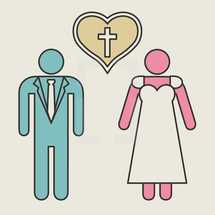 man and woman, love, marriage, wedding, dress, suit, icon, cross, heart