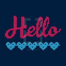 Hello in cross stitched hearts 